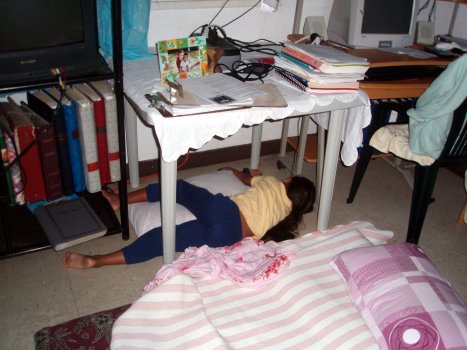 Sleeping on the cool tile of the floor When the tropical night is hot, the floor is oh so cool.